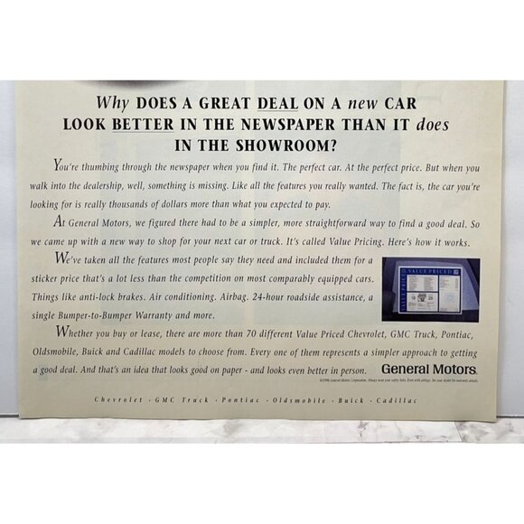 General Motors Print Ad Vintage 90s GM Value Pricing Red Car Chevrolet Pontiac - Picture 5 of 5